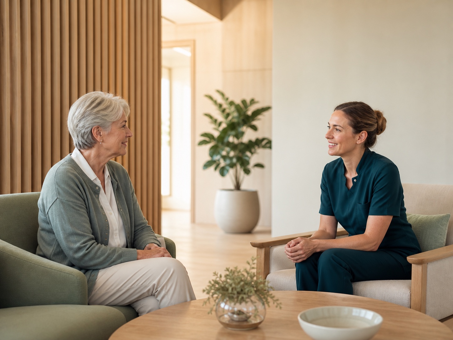 A care professional listening to an older adult in a calm shared space.