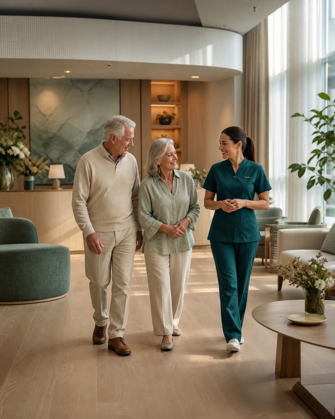 A welcoming aged-care conversation in a bright wellbeing space.