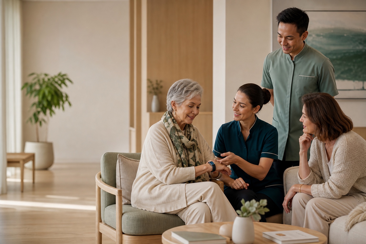Aged-care staff and a resident using wellness technology together.