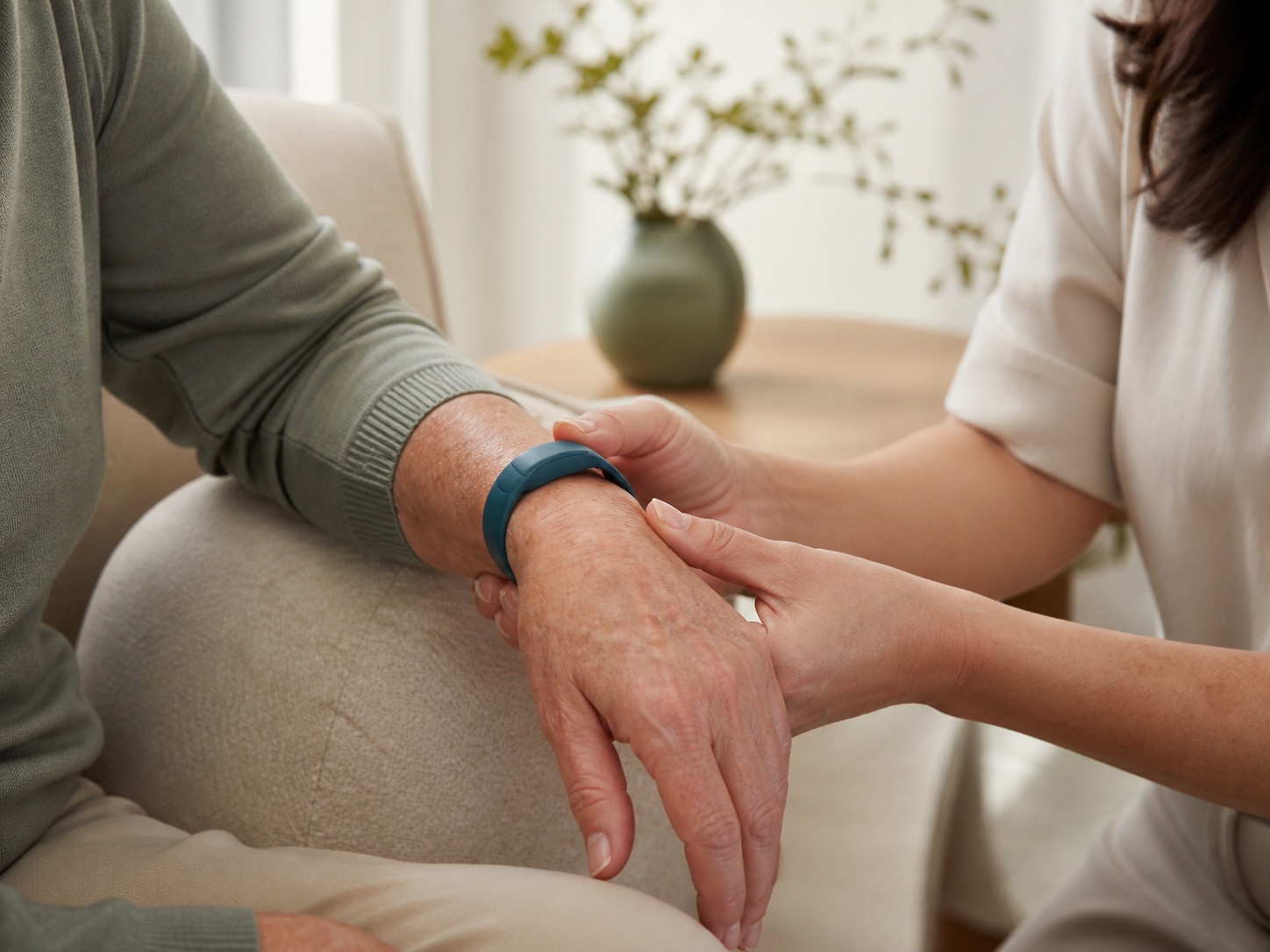 An older adult wearing a simple wellbeing tracker.
