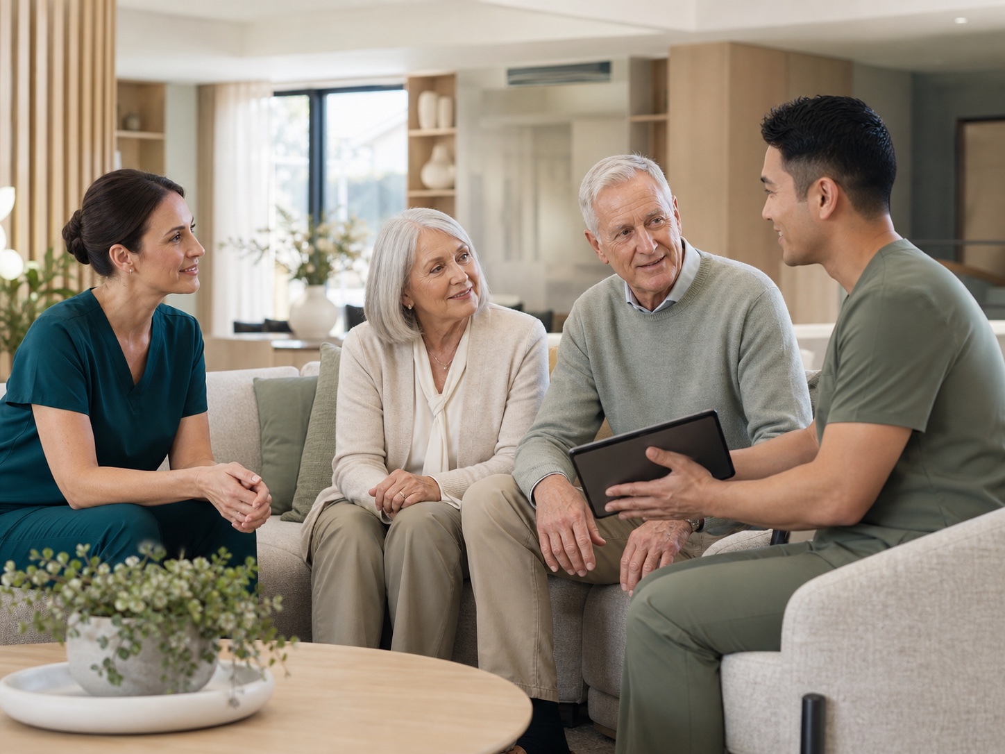 A care team discussing a wellness technology plan.